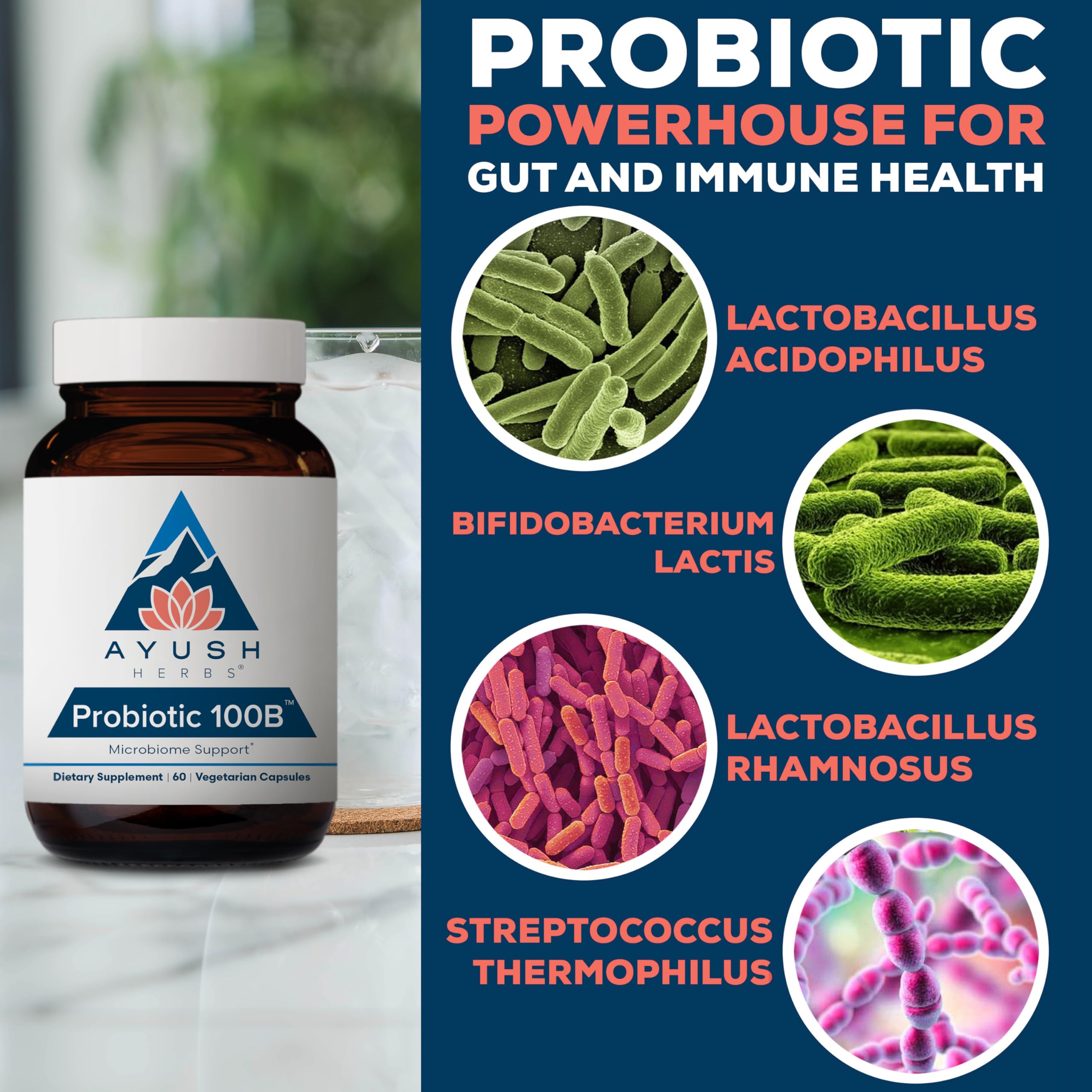 Ayush Herbs Probiotic 100B bottle on shelf-stable packaging.