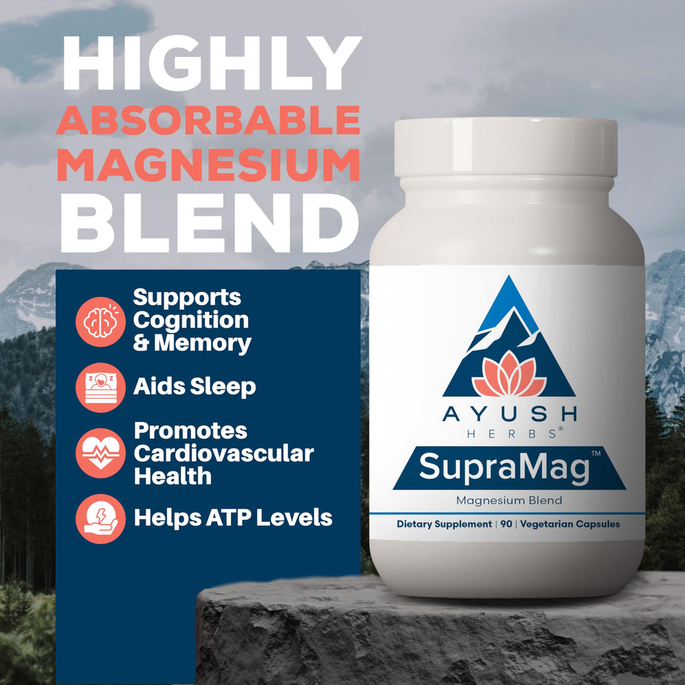 Ayush Herbs SupraMag bottle back with ingredients and allergen-free labeling for clean use.