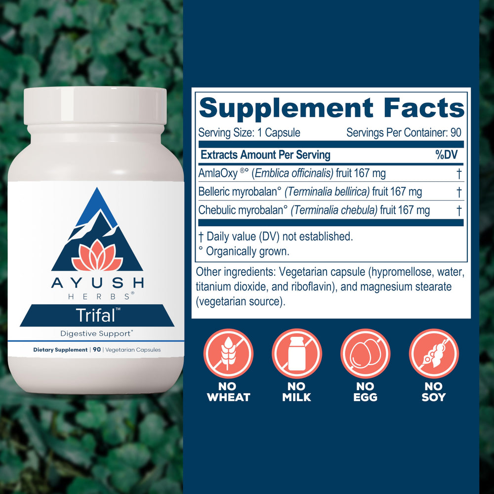 Ayush Herbs Trifal ingredients blend closeup highlights triphala components.