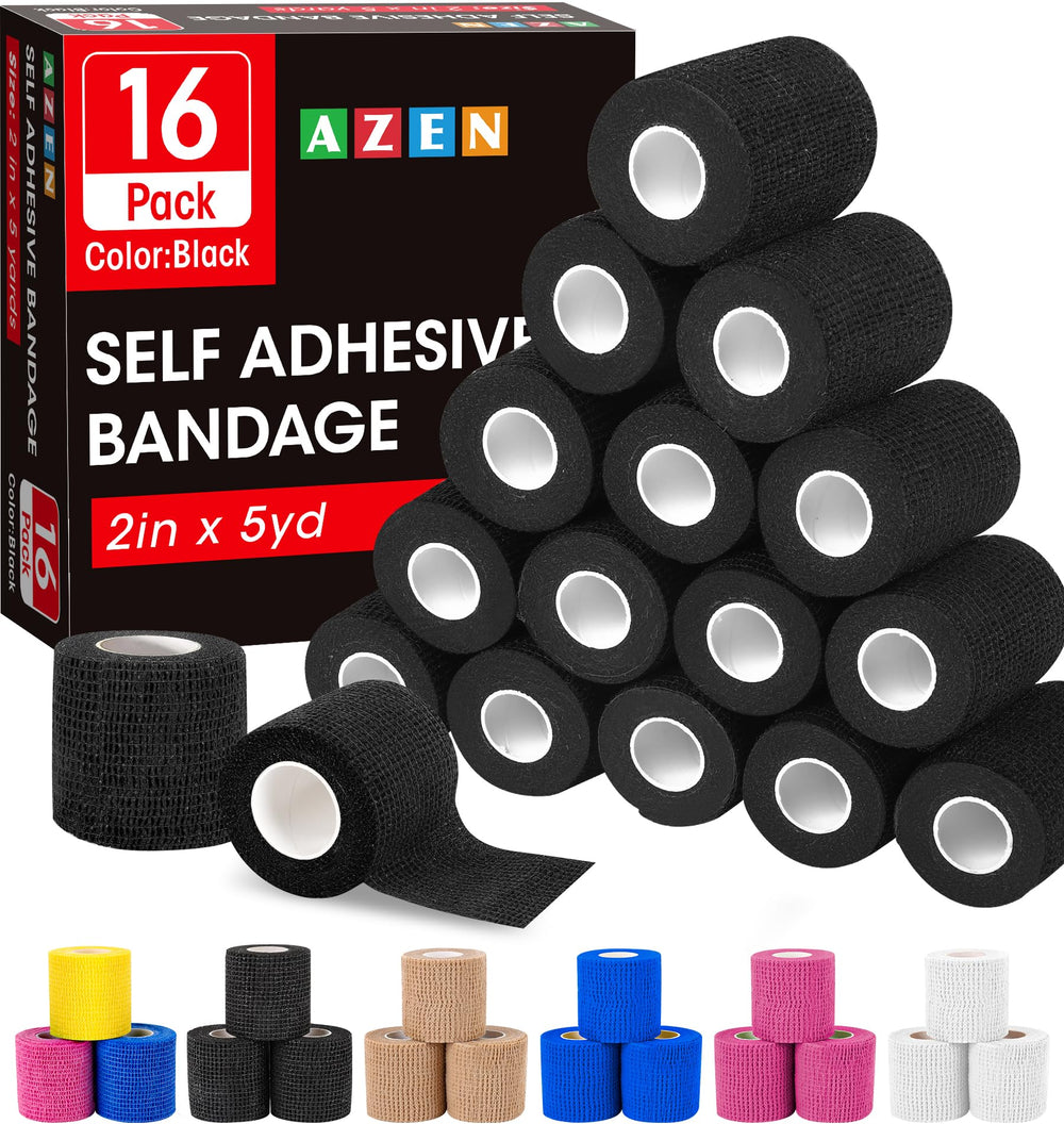 AZEN 16-pack self-adhesive wrap rolls in black for secure bandaging.