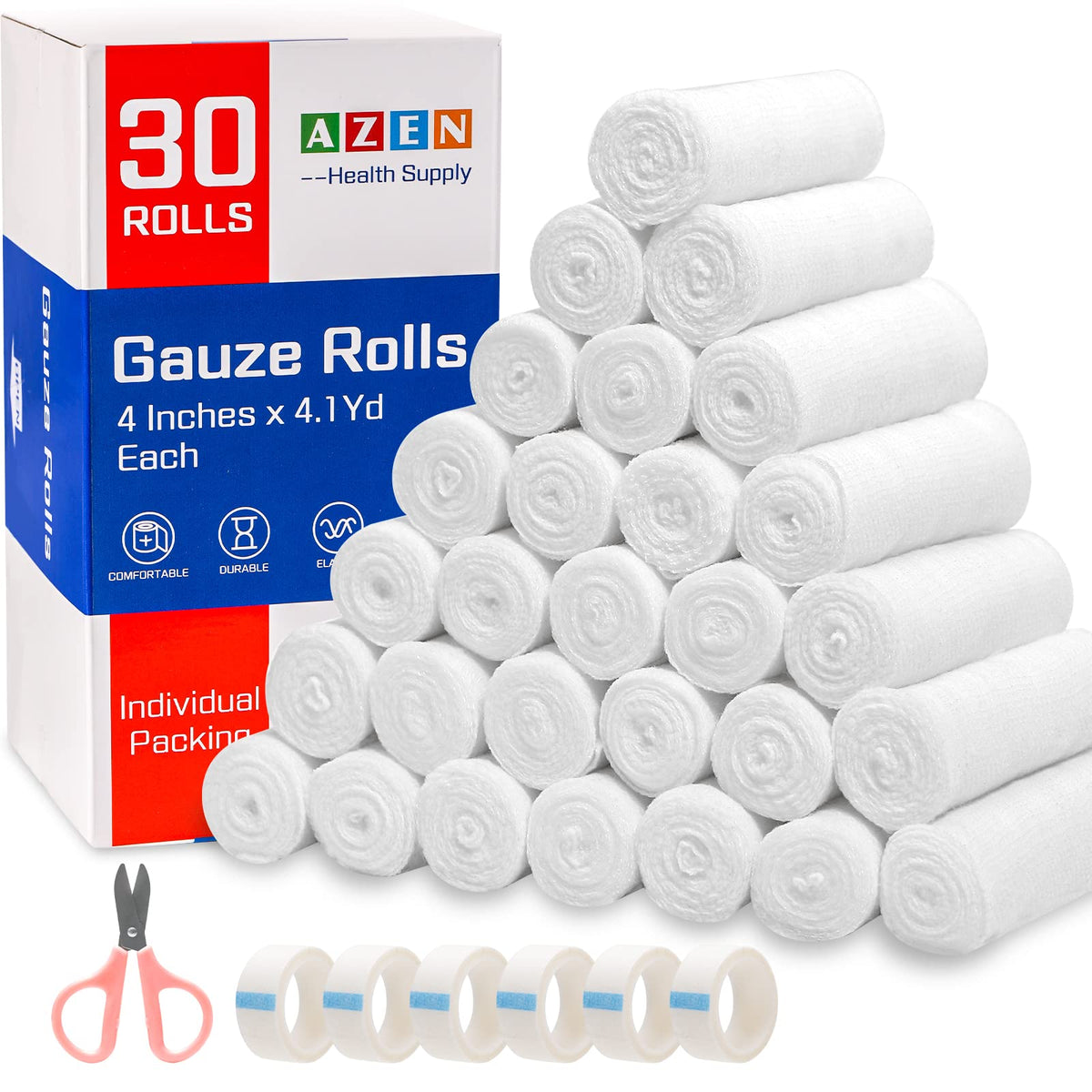 AZEN 30-pack gauze rolls ready for first aid, breathable and non-stick.