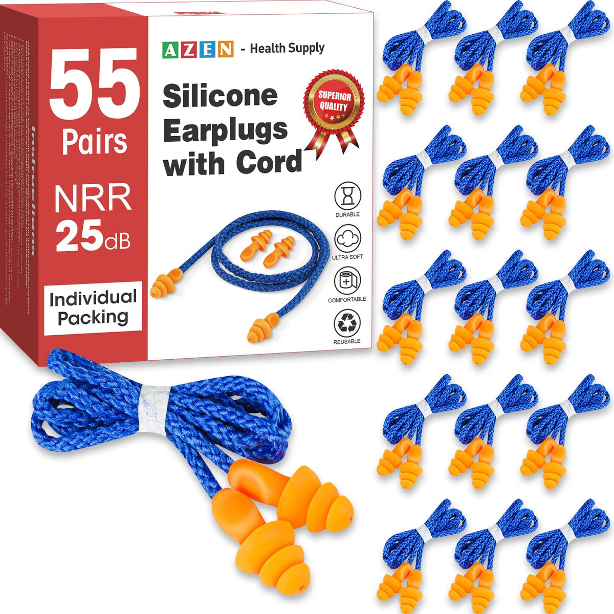 AZEN 55 pairs silicone ear plugs in individual packaging for sanitation and portability