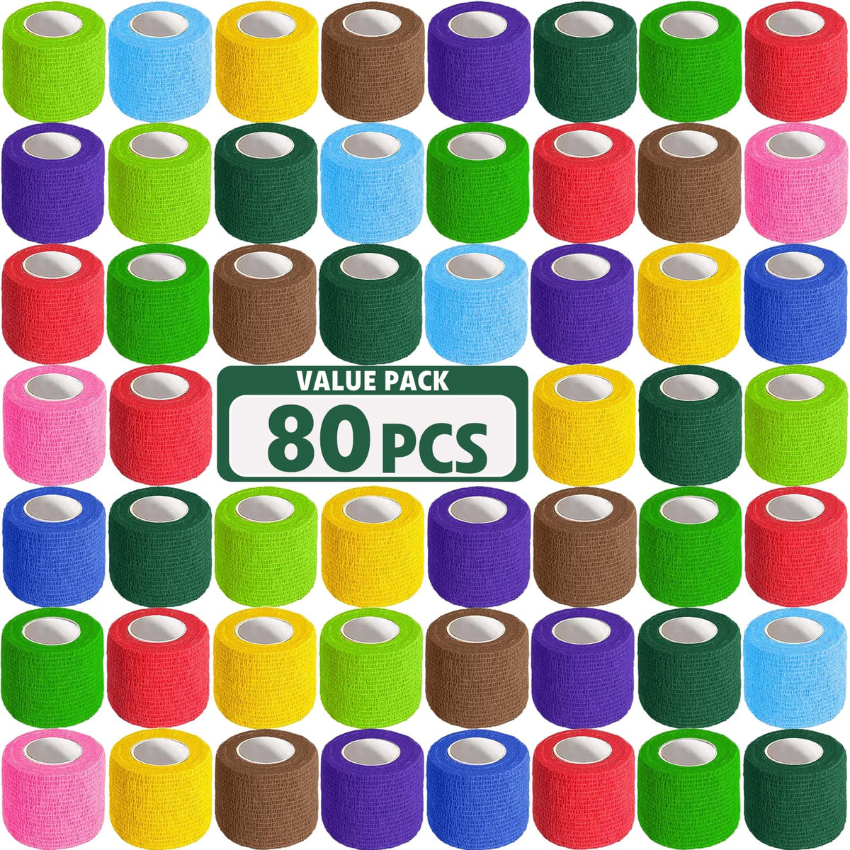 AZEN 80-pack self-adhesive bandage wrap bundle showing color variety for quick wraps.