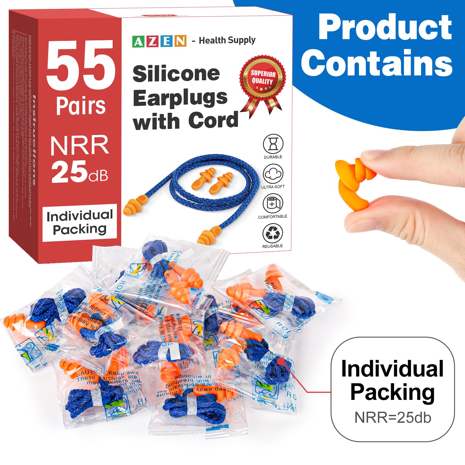 Corded AZEN ear plugs with nylon neck cord for easy access and reuse