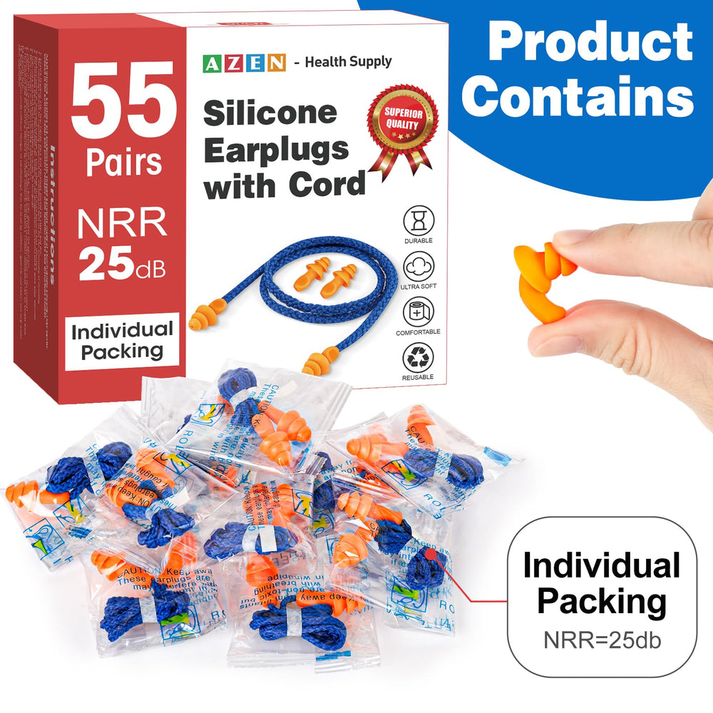 Corded AZEN ear plugs with nylon neck cord for easy access and reuse