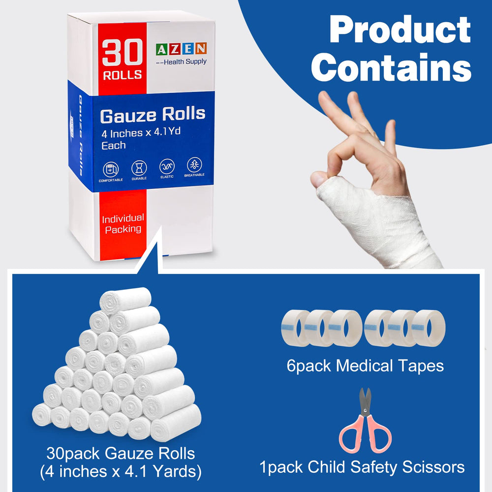 AZEN gauze rolls with included tapes for quick dressing changes.