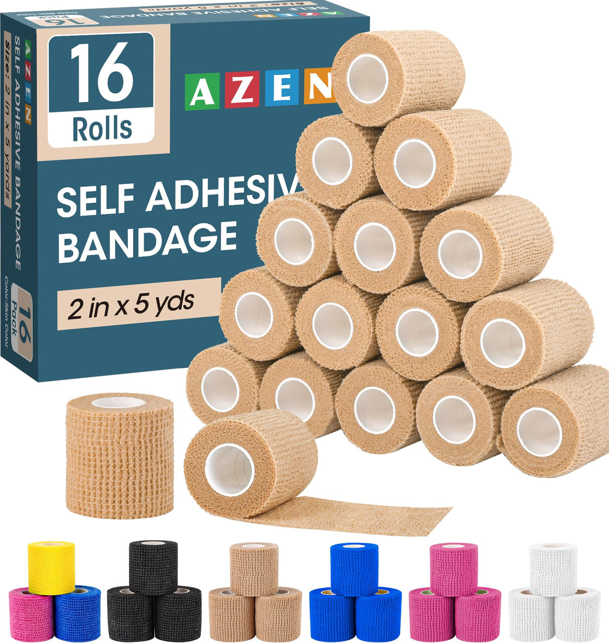 AZEN venda autoadhesiva de 2pulgadas 5yardas para vendajes rápidos sin pegarse a piel ni pelo