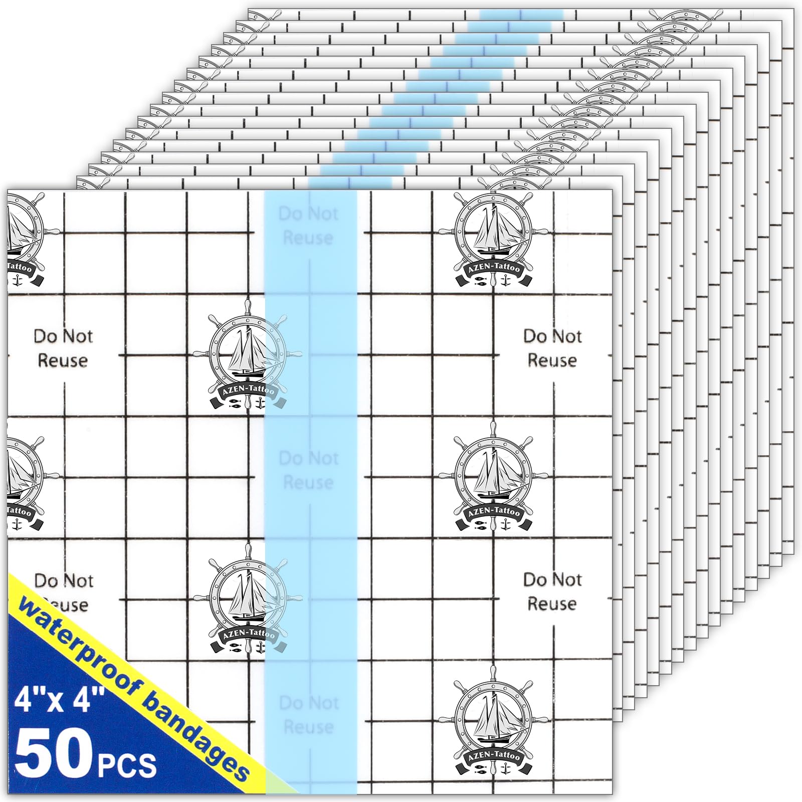 AZEN waterproof 4x4 bandage with grid-backed film for secure coverage.