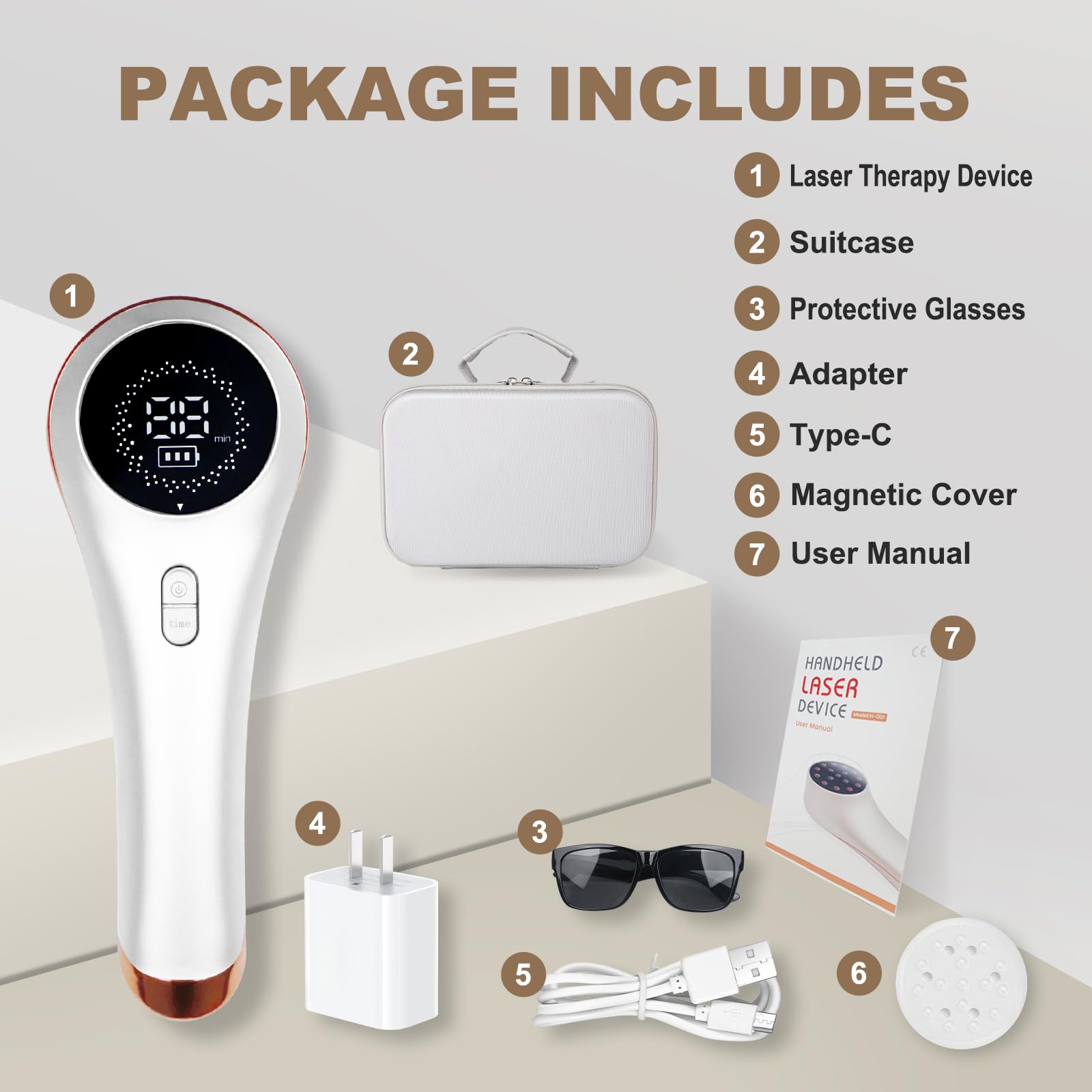 Azilaser packaged contents layout including device, adapter, glasses, cover, manual