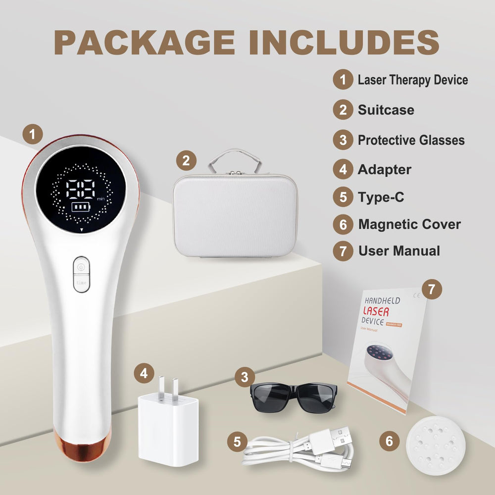 Azilaser packaged contents layout including device, adapter, glasses, cover, manual