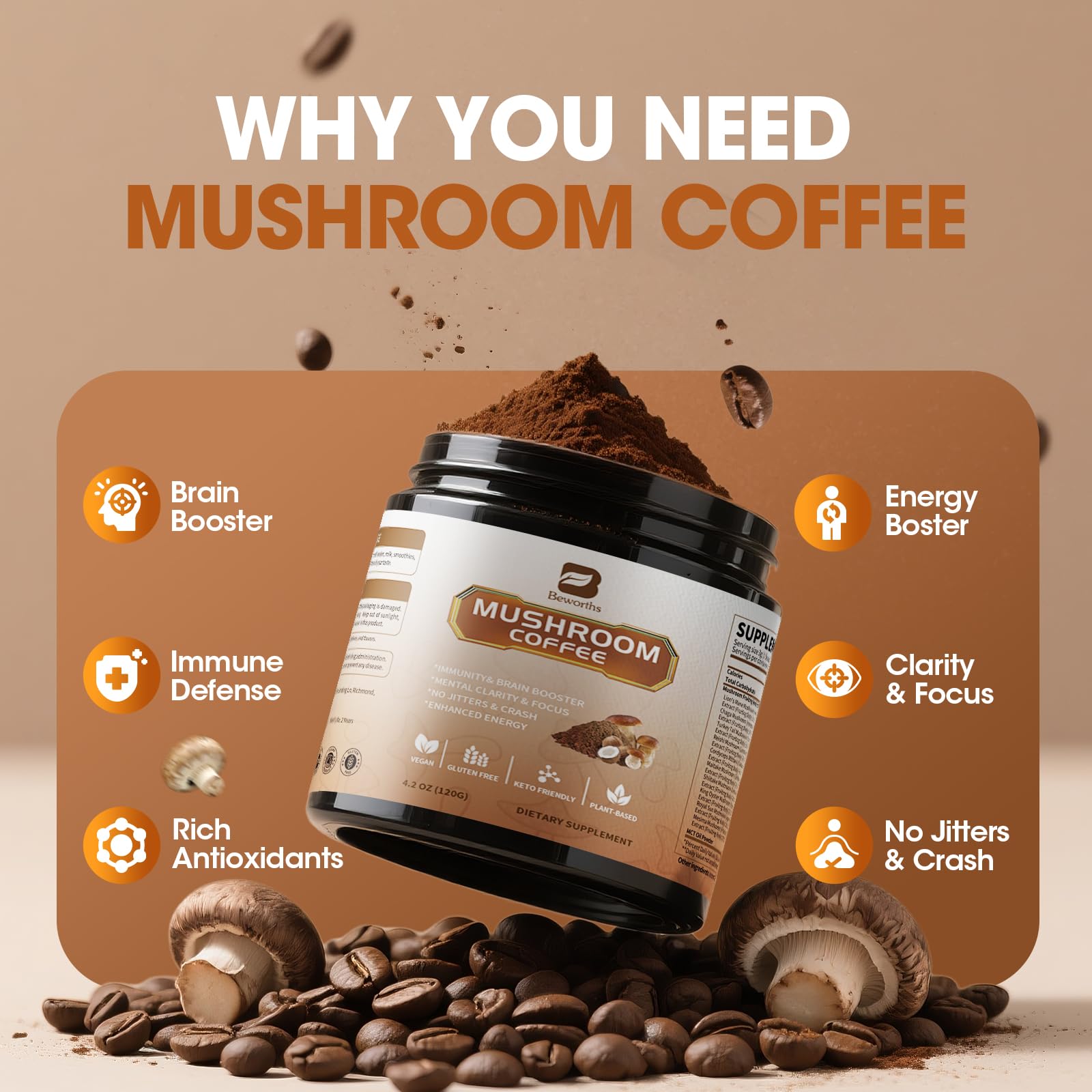 B BEWORTHS Lion's Mane focus boost in a convenient cup.