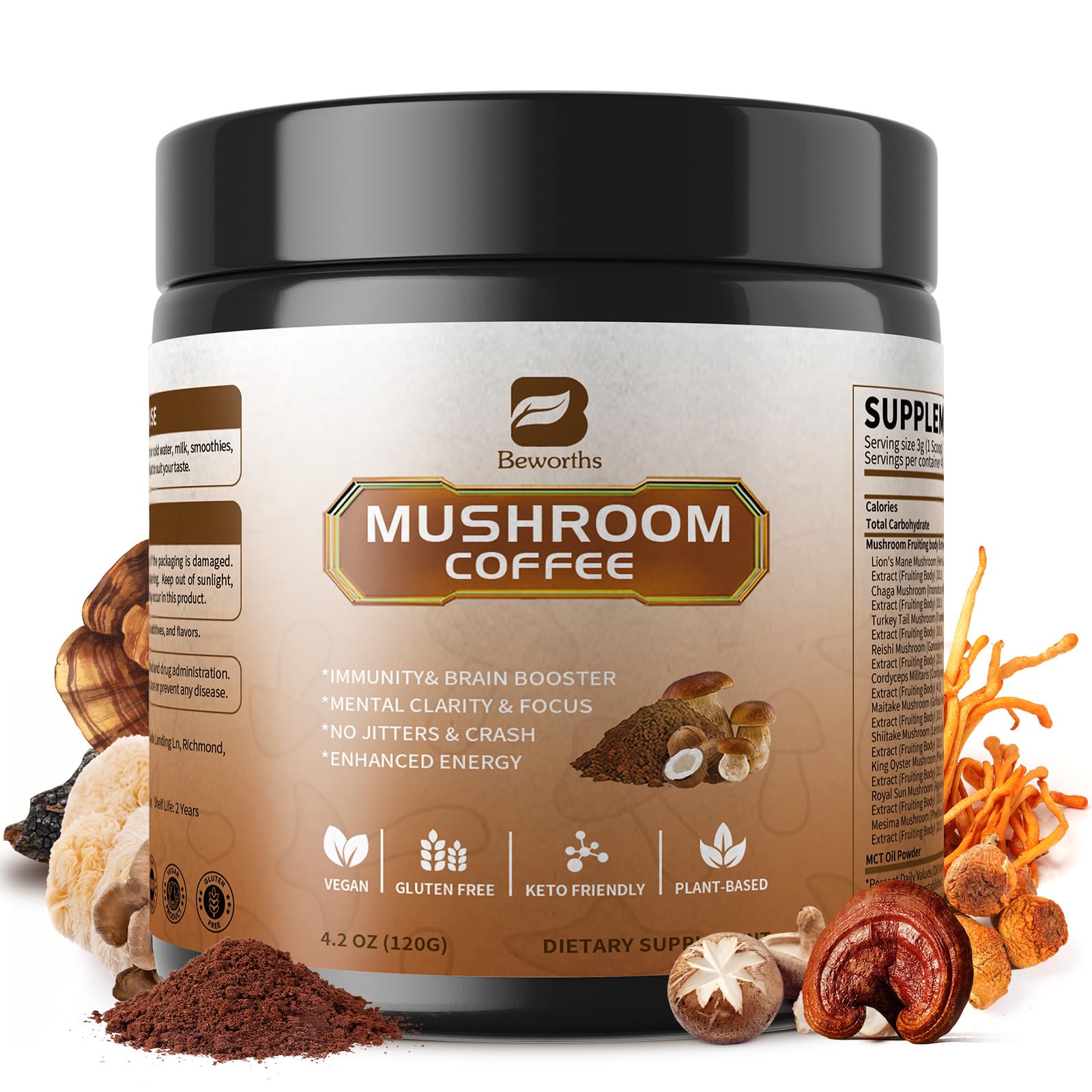B BEWORTHS mushroom coffee powder featuring the 10-mushroom blend for daily focus.