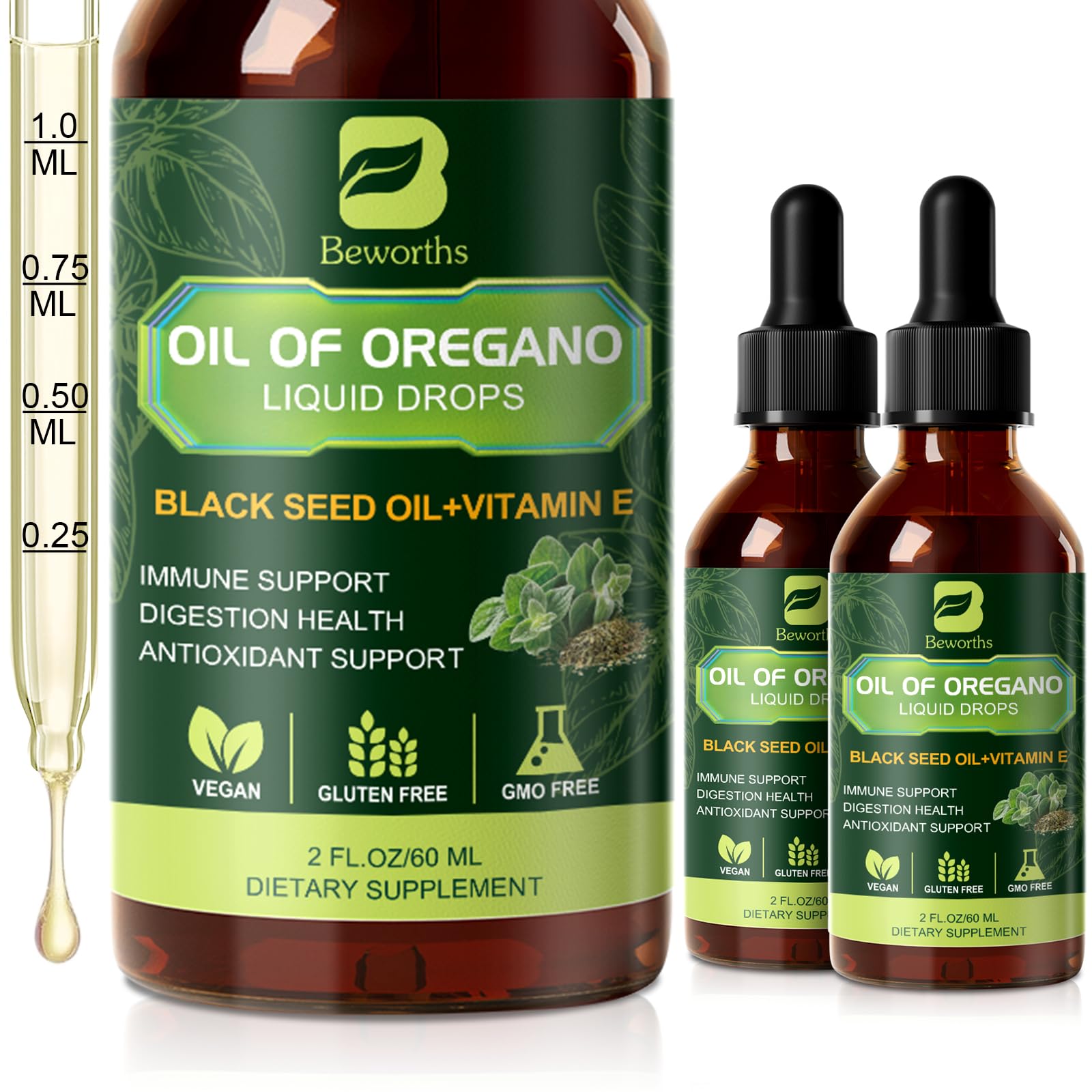 B BEWORTHS oregano oil drops bottle showing the herbal blend for immune support and daily use