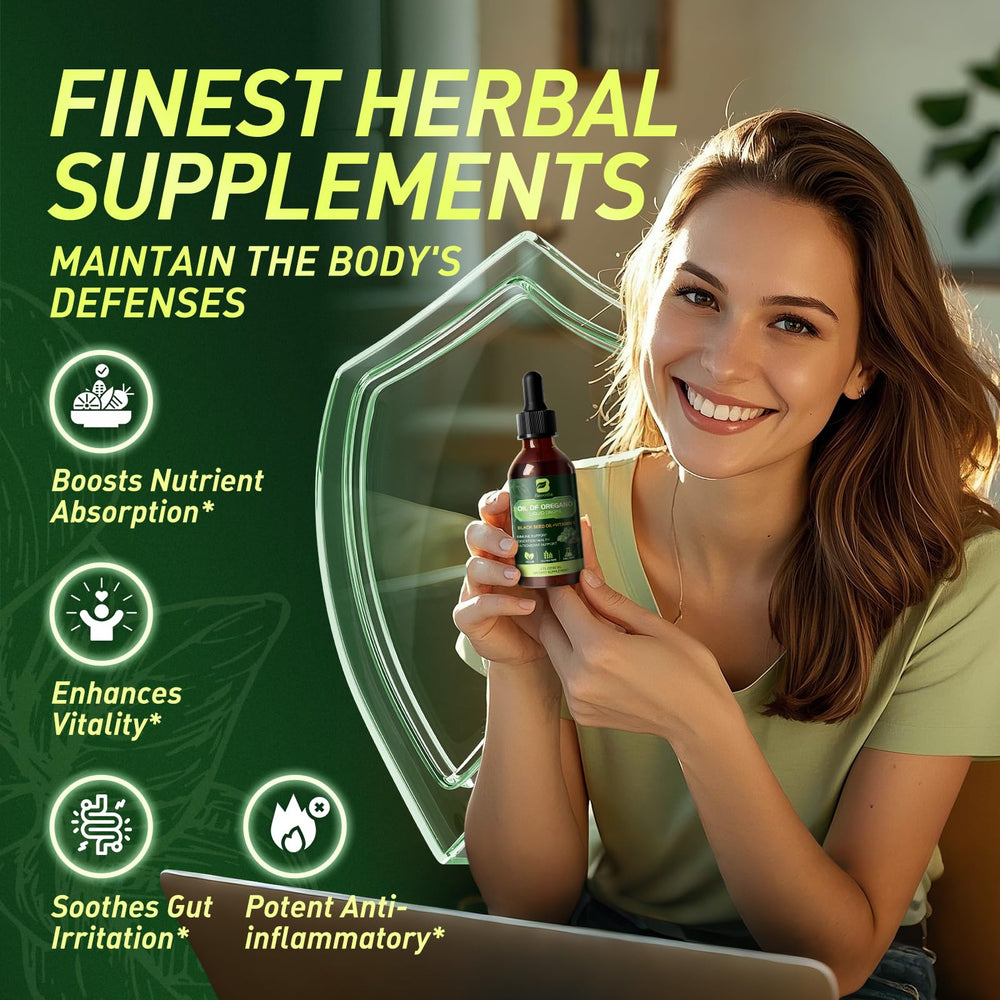 B BEWORTHS oregano oil drops front label emphasizing vegan and non-GMO formula