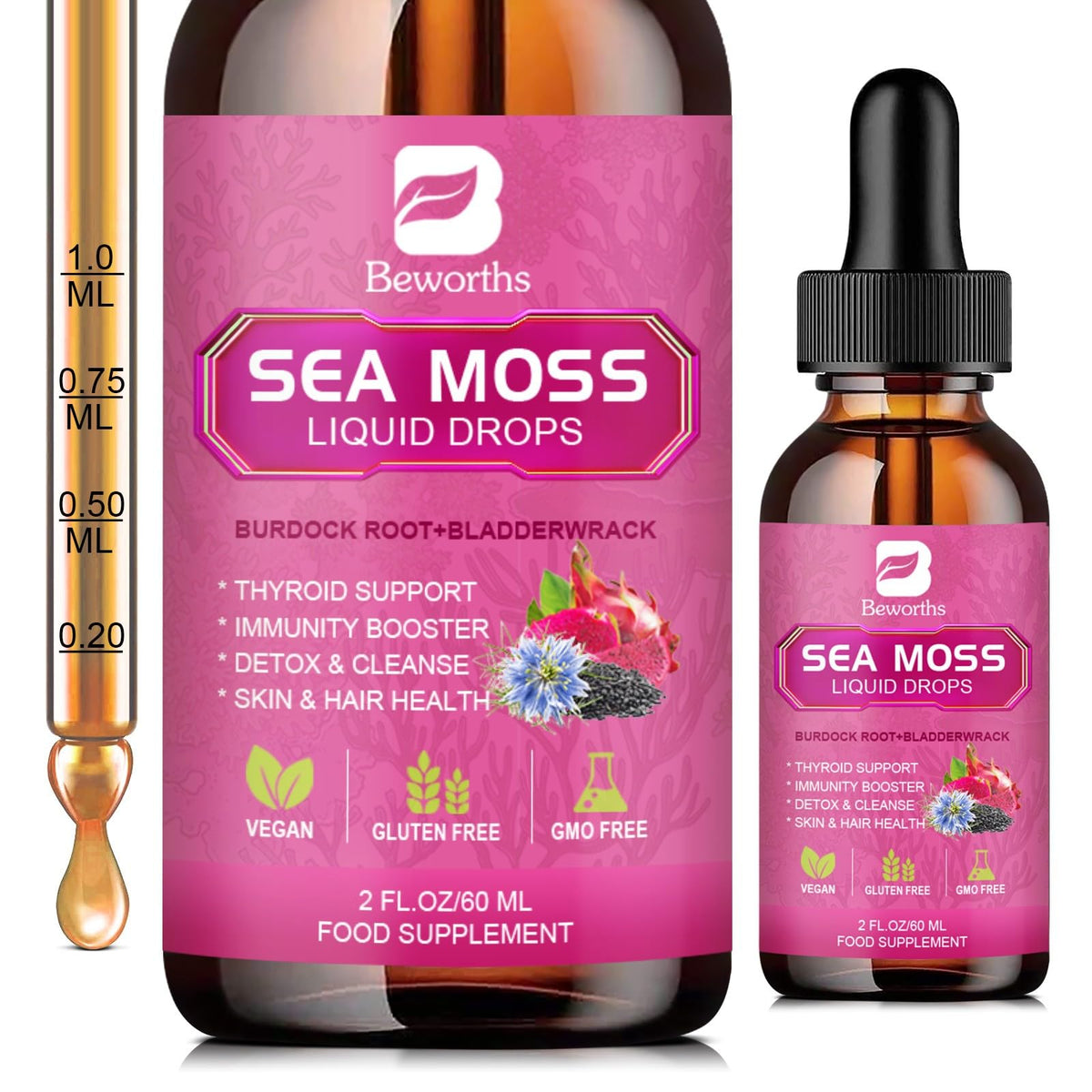 B BEWORTHS Sea Moss Drops bottle front with vibrant liquid supporting daily vitality