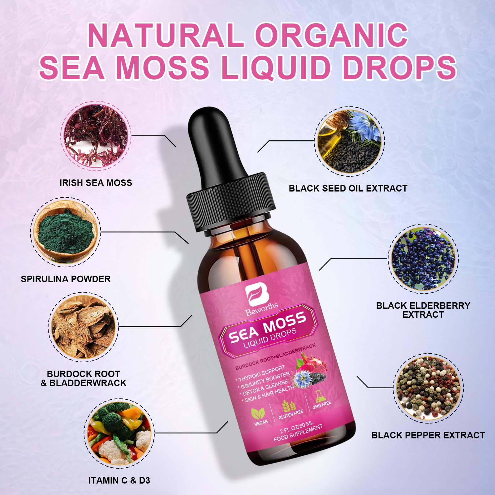 Dropper pours Sea Moss Drops for easy daily use