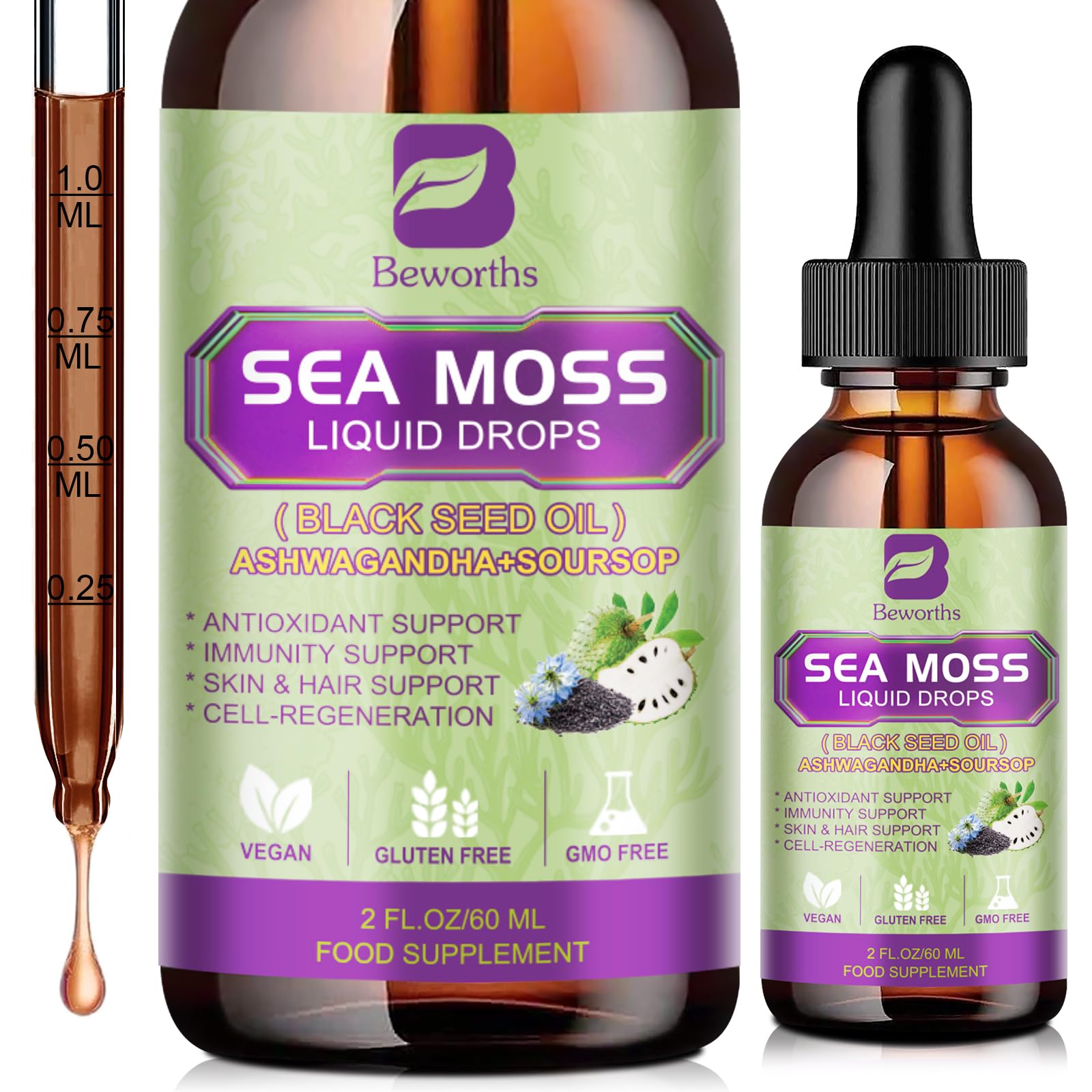 B BEWORTHS Sea Moss Liquid Drops bottle showcasing a nutrient-rich blend for daily wellness.