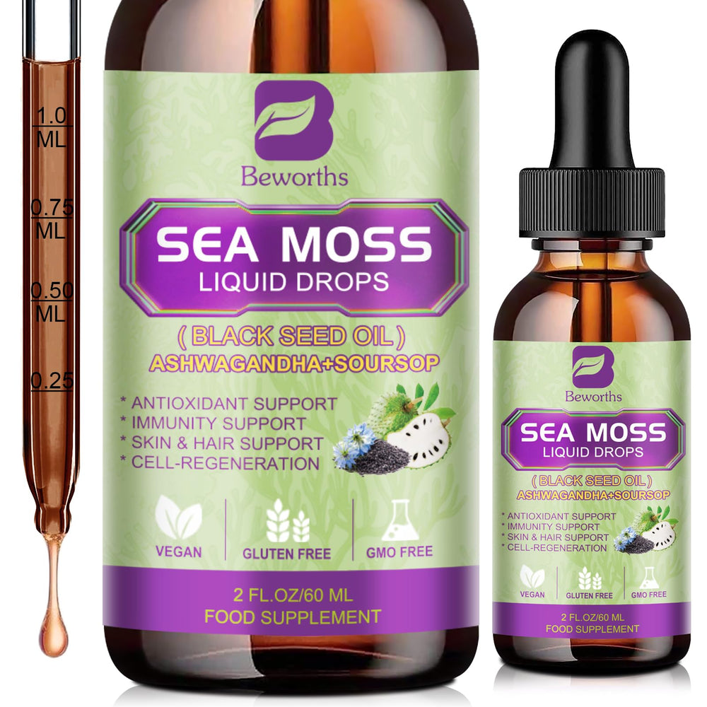 B BEWORTHS Sea Moss Liquid Drops bottle showcasing a nutrient-rich blend for daily wellness.