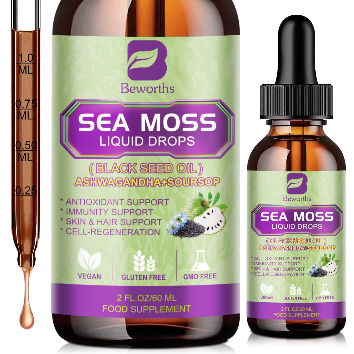 B BEWORTHS Sea Moss Liquid Drops bottle showcasing a nutrient-rich blend for daily wellness.