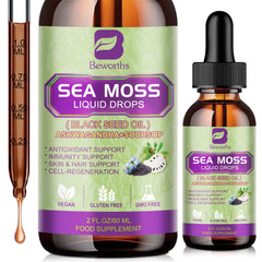 B BEWORTHS Sea Moss Liquid Drops bottle showcasing a nutrient-rich blend for daily wellness.