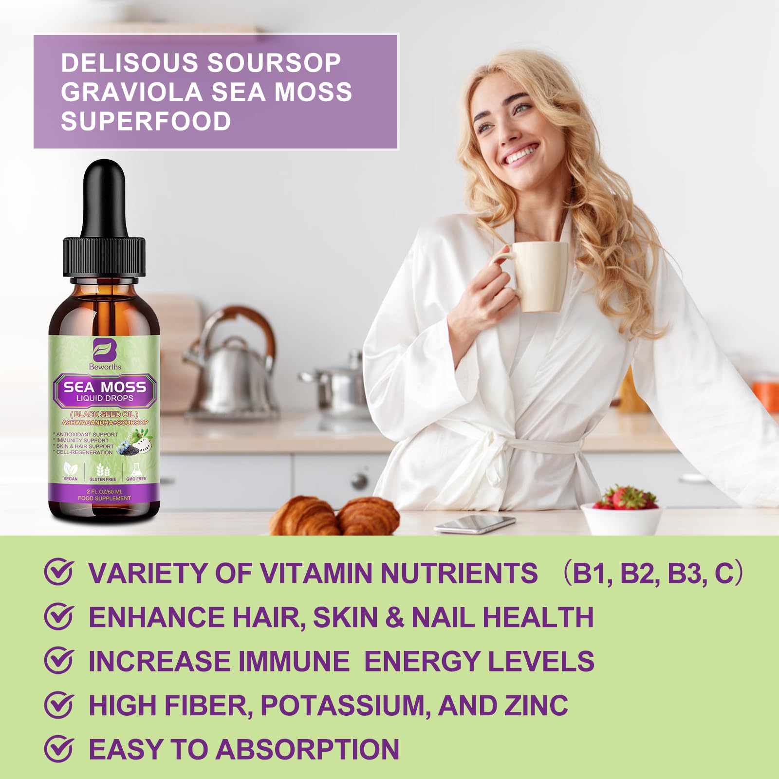 B BEWORTHS Sea Moss Liquid Drops closeup label shows 11 natural ingredients.