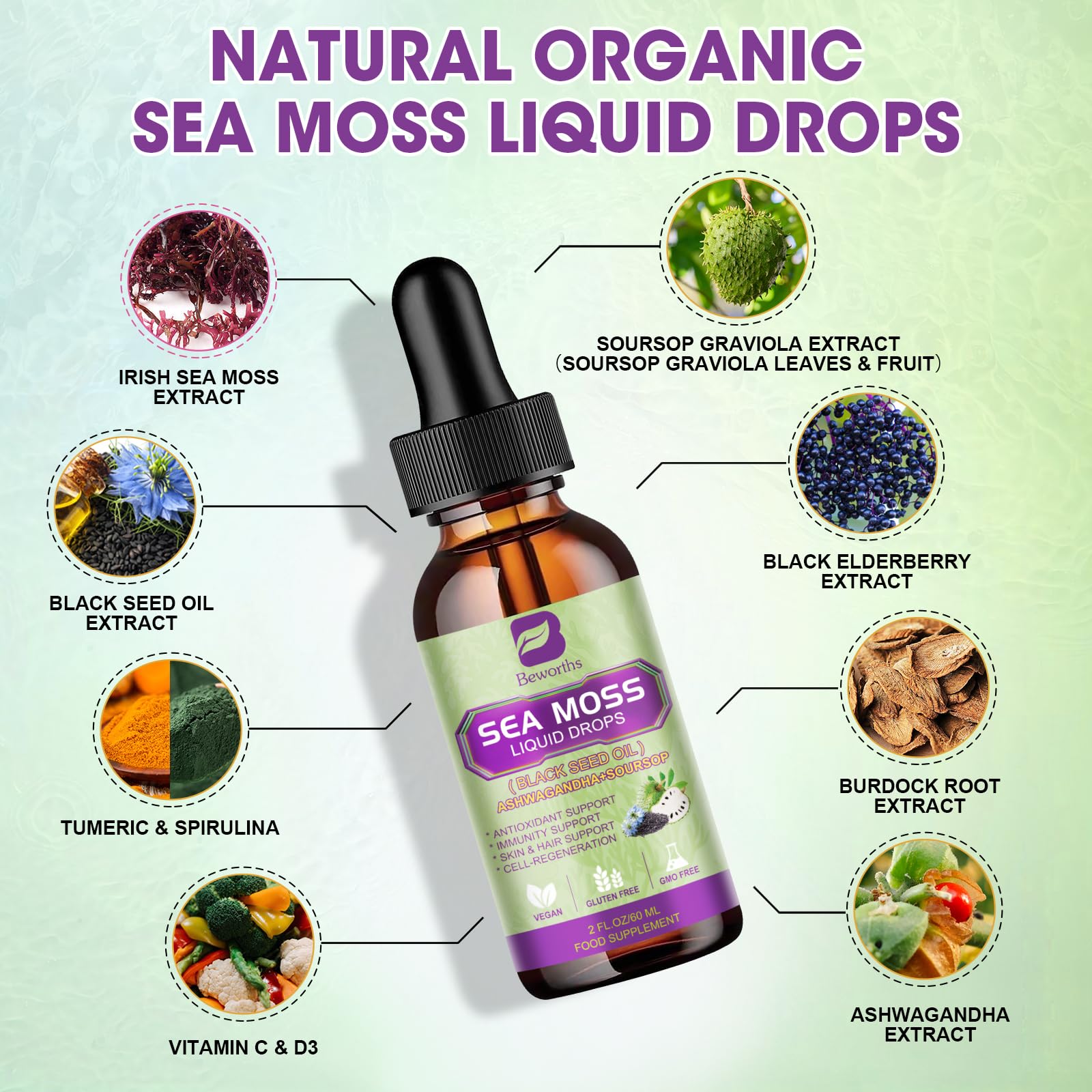 B BEWORTHS Sea Moss Liquid Drops dropper highlighting fast-absorption herbal formula.