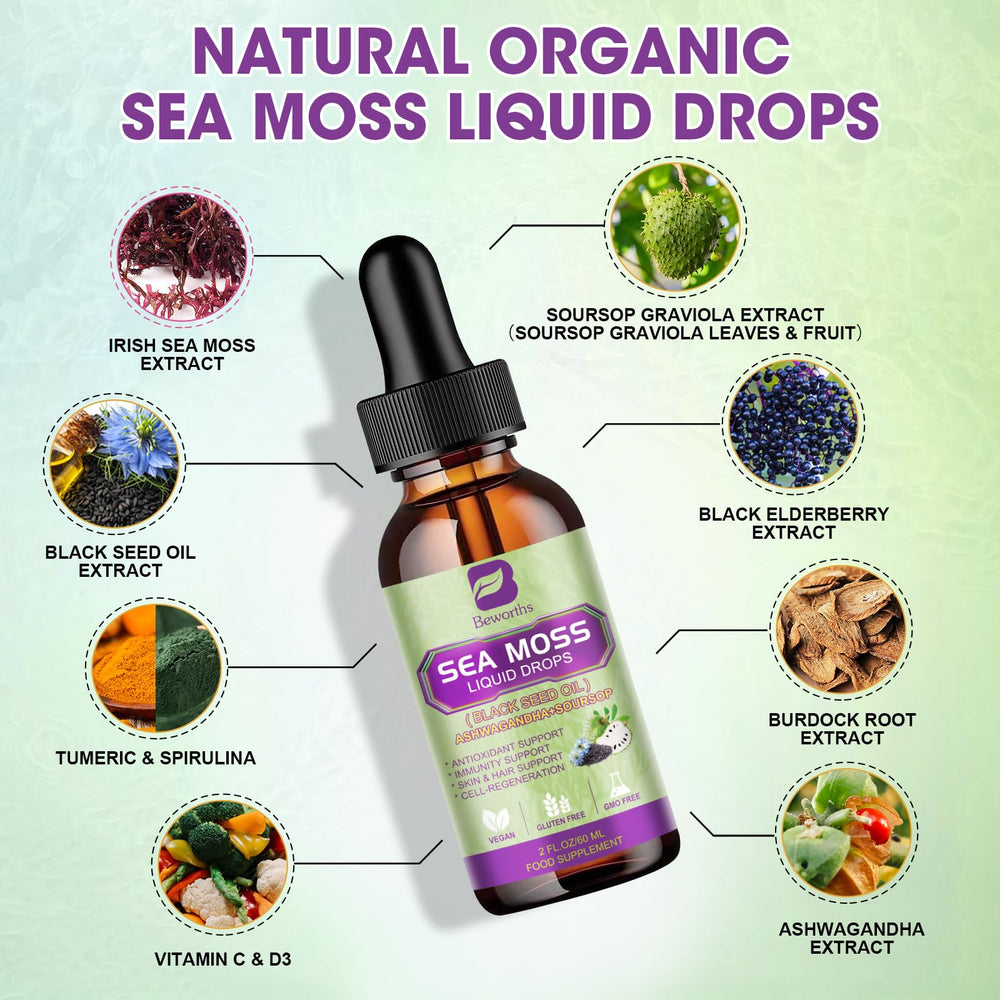 B BEWORTHS Sea Moss Liquid Drops dropper highlighting fast-absorption herbal formula.