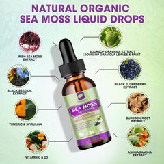B BEWORTHS Sea Moss Liquid Drops dropper highlighting fast-absorption herbal formula.