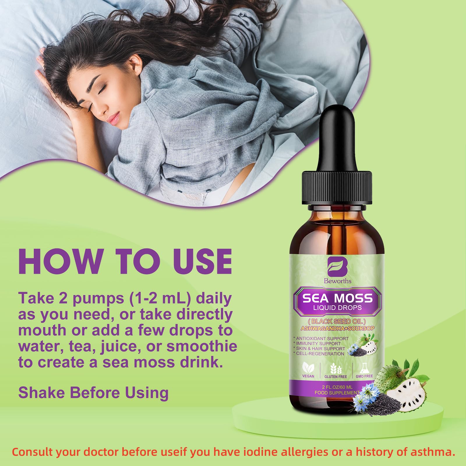 B BEWORTHS Sea Moss Liquid Drops pour captures smooth texture for effortless dosing.