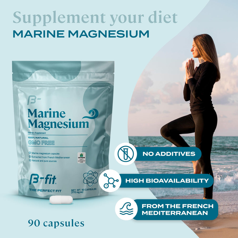 Close-up of B-FIT B Marine Magnesium capsules highlighting high bioavailability