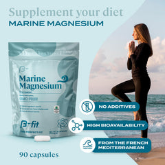 Close-up of B-FIT B Marine Magnesium capsules highlighting high bioavailability