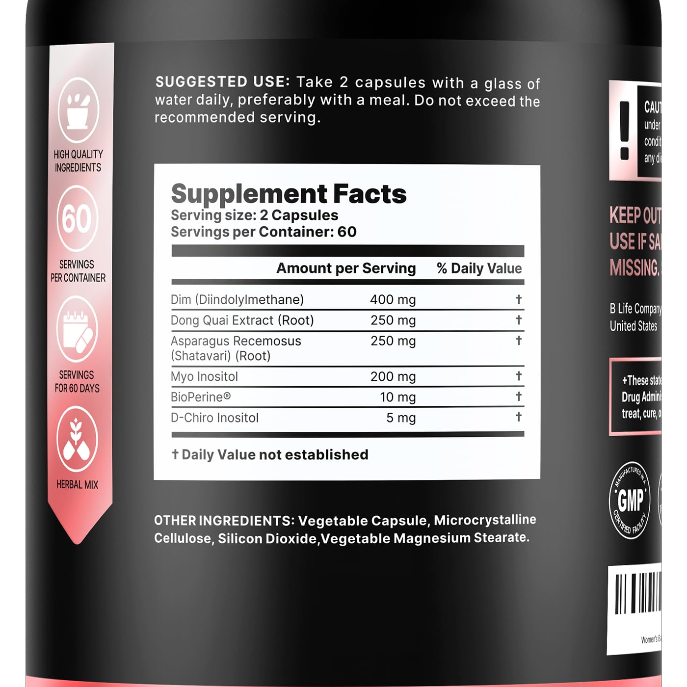 B Life Company label closeup highlighting DIM and inositols that may support estrogen balance.