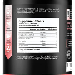 B Life Company label closeup highlighting DIM and inositols that may support estrogen balance.