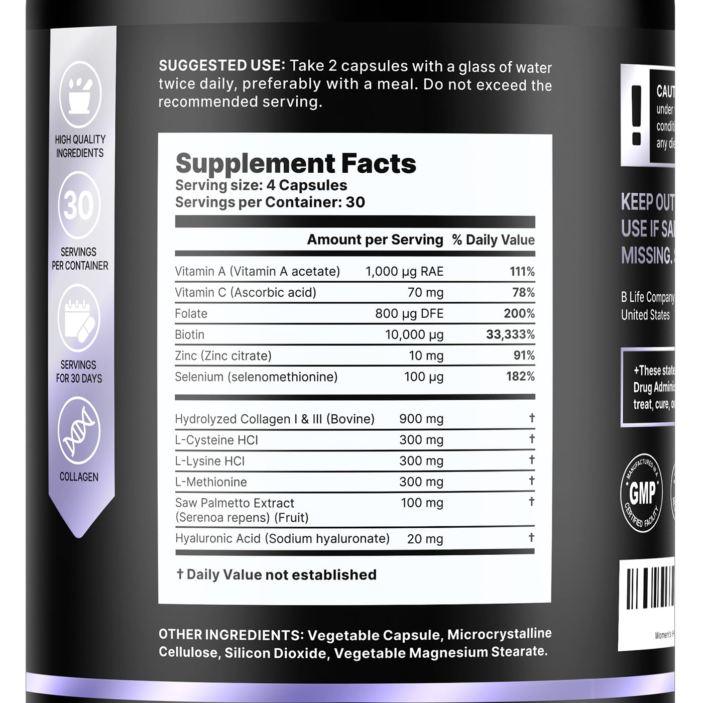 B Life Hair Vitamins bottle front view highlighting premium formula for hair growth support.