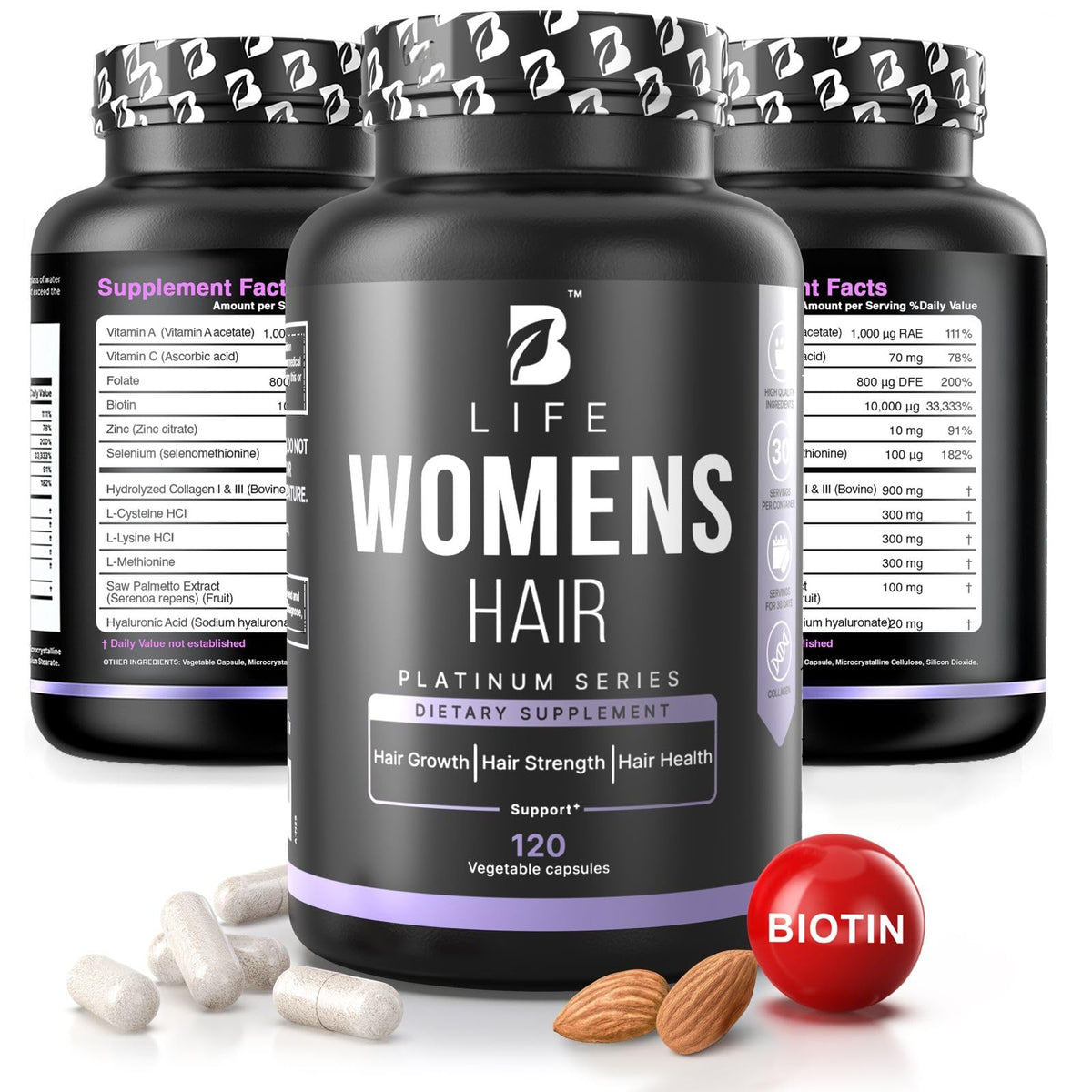 B Life Hair Vitamins bottle label shows biotin and collagen benefits for hair.