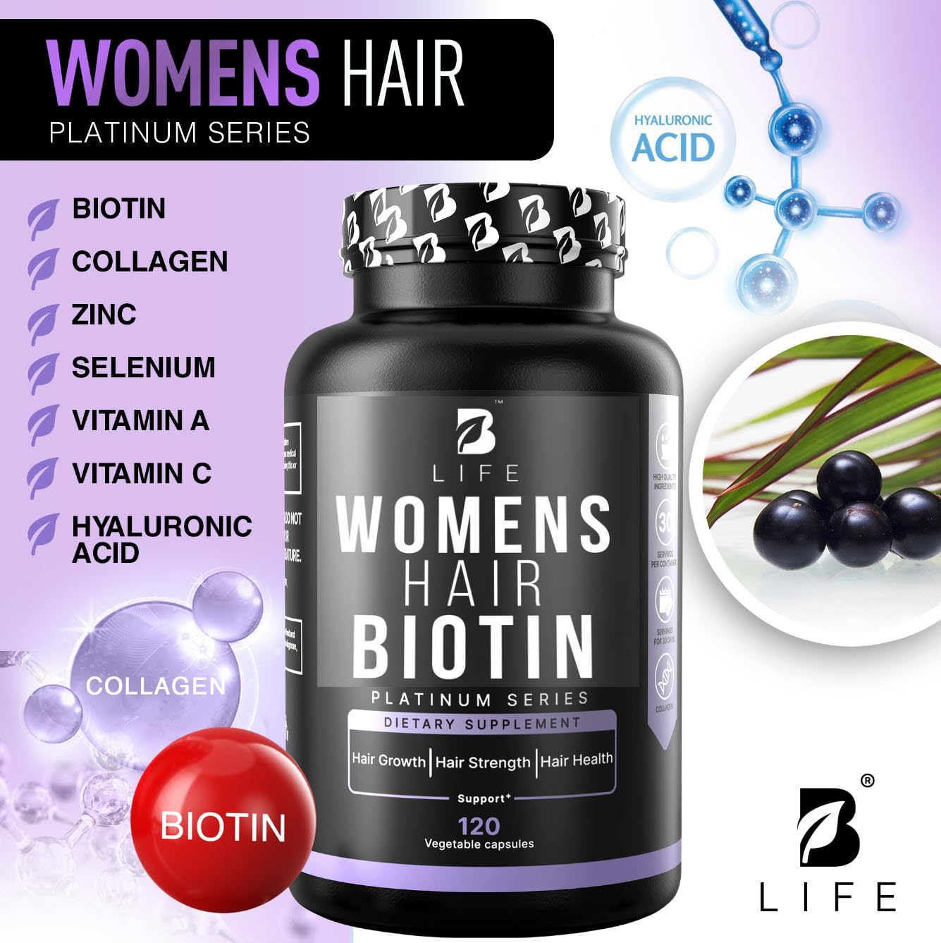 B Life Hair Vitamins bottle on desk in natural light suggesting everyday wellness routine.