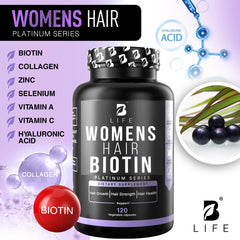 B Life Hair Vitamins bottle on desk in natural light suggesting everyday wellness routine.