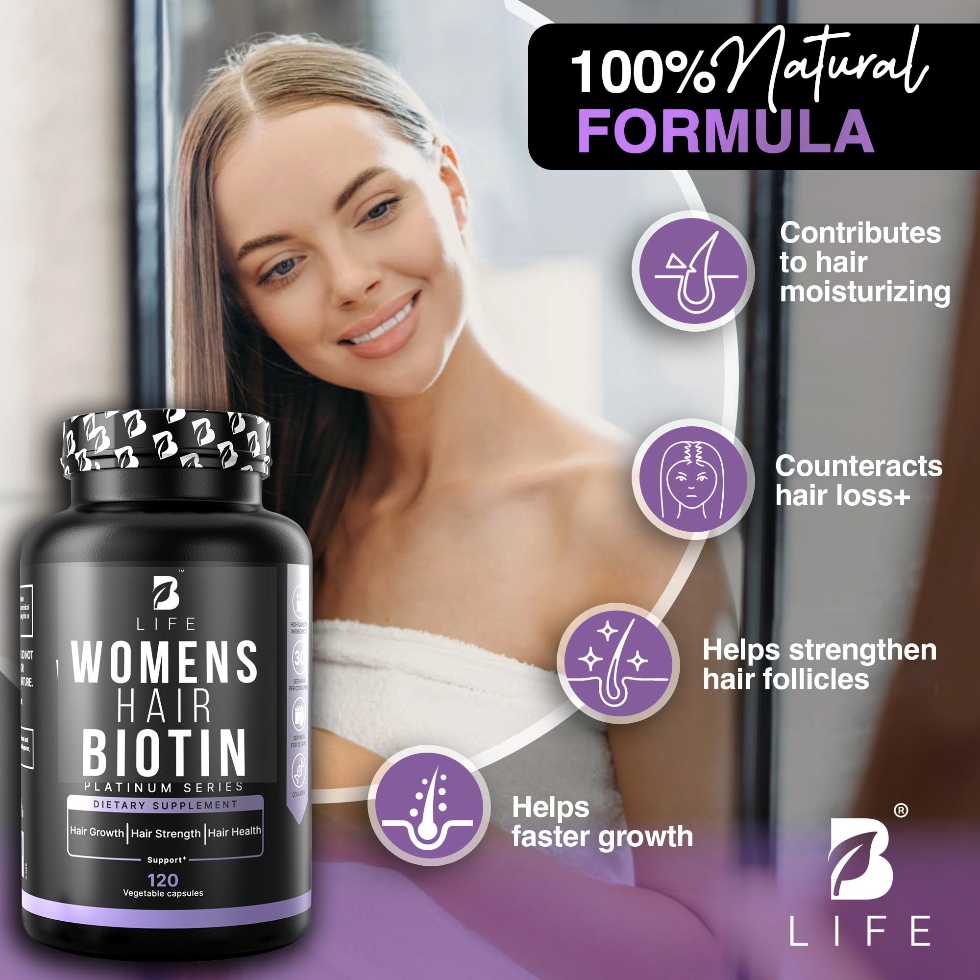 B Life Hair Vitamins bottle pour shows easy daily use capsules.