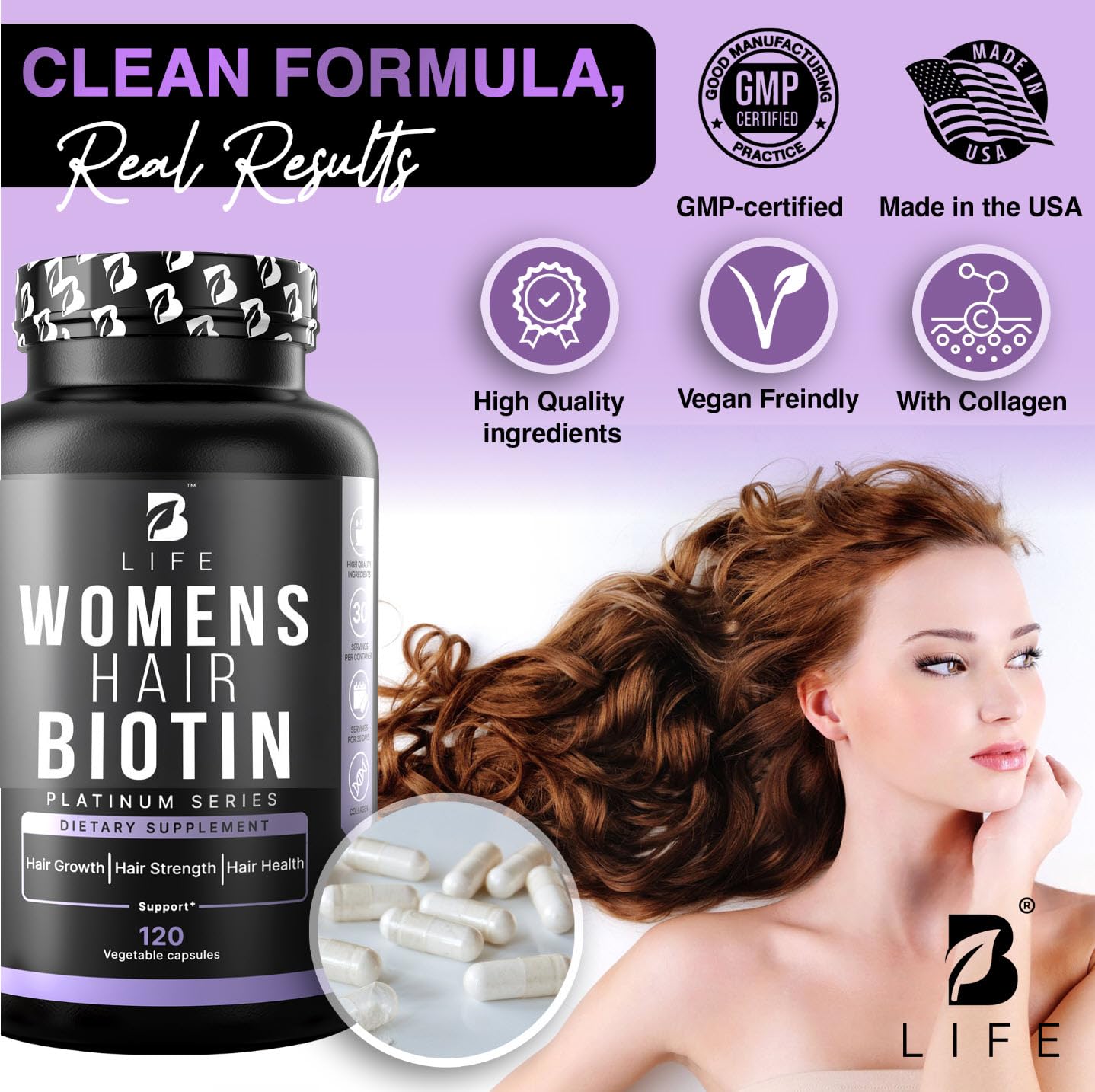 B Life Hair Vitamins lifestyle shot integrating into morning routine for healthier hair.