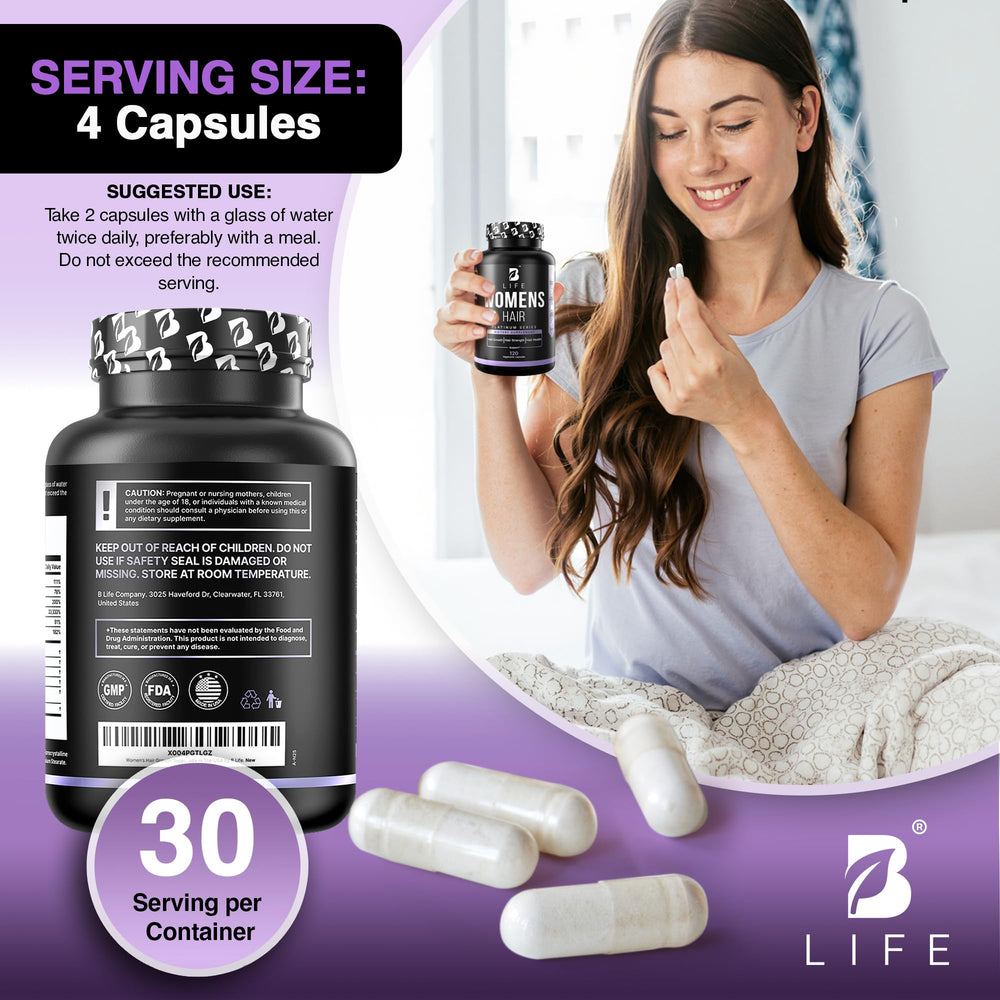 B Life Hair Vitamins bottle on shelf as premium option for hair support.