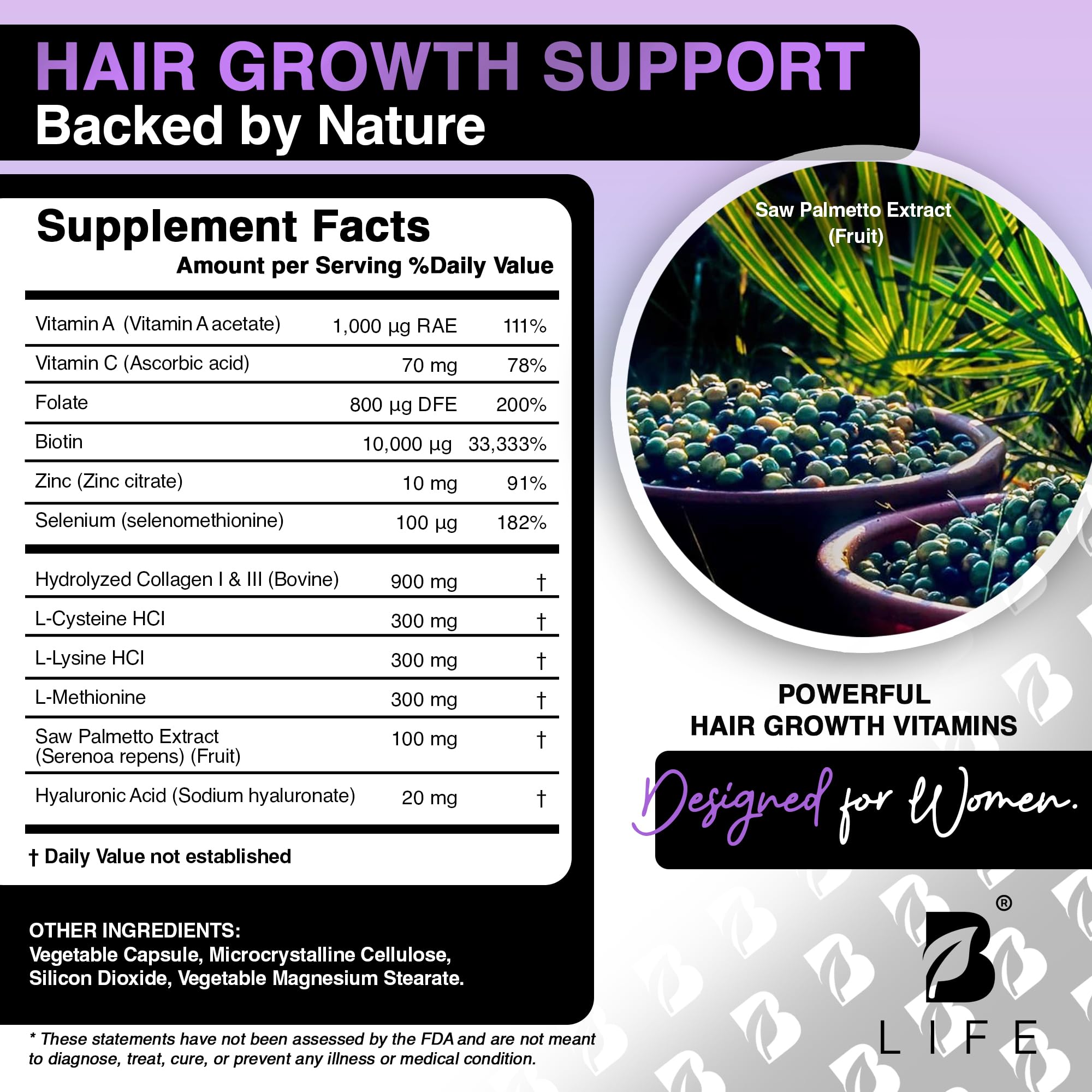 B Life Hair Vitamins packaging display highlighting amino acids and collagen ingredients.