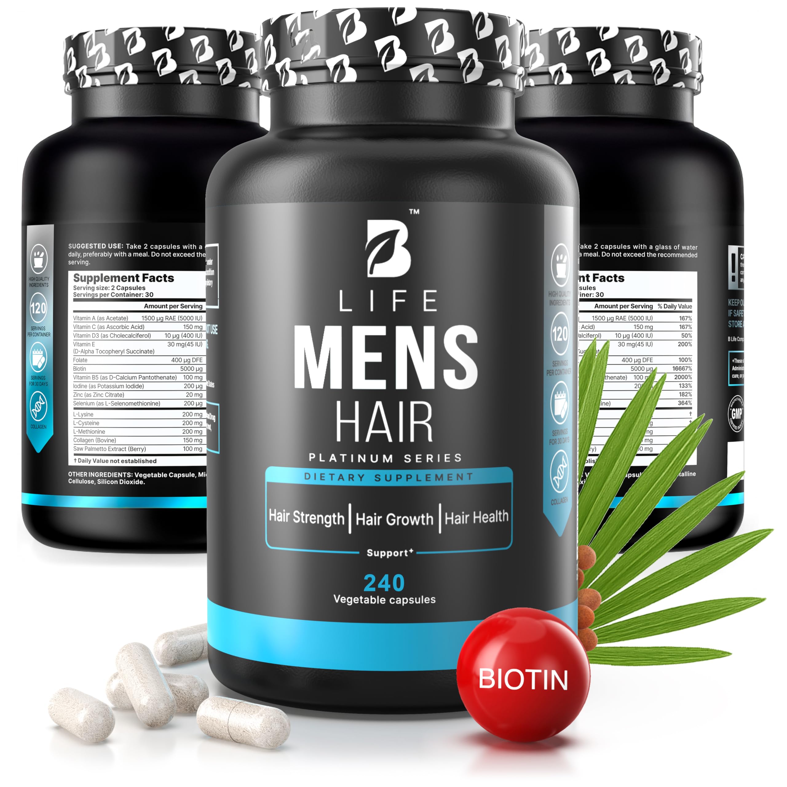 B Life Man Hair Growth capsules bottle promoting fuller hair daily