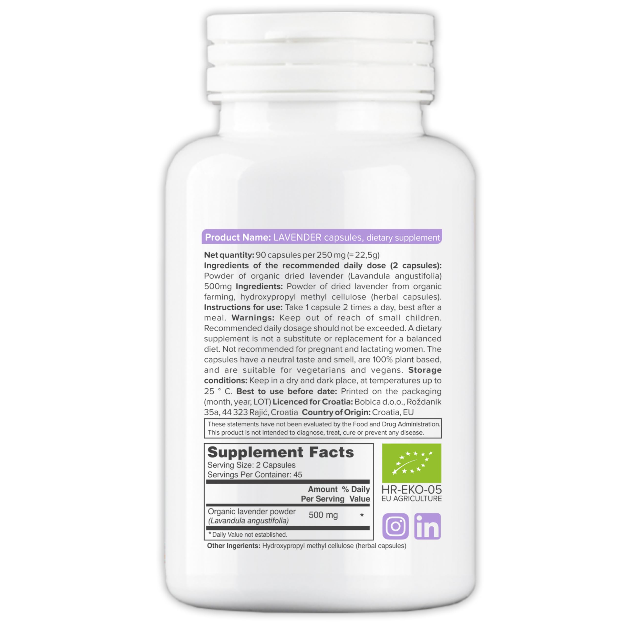 b Organic Lavender Capsules bottle closeup label shows purity and quality.