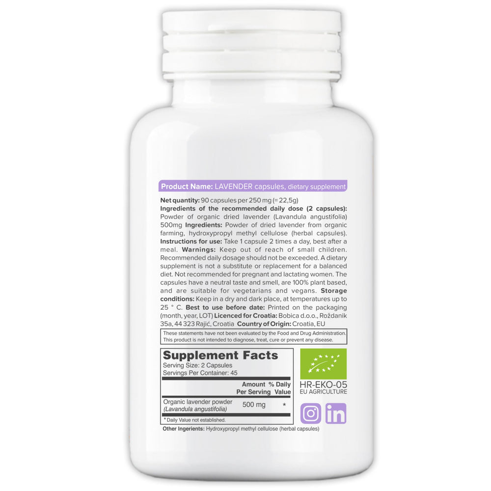 b Organic Lavender Capsules bottle closeup label shows purity and quality.