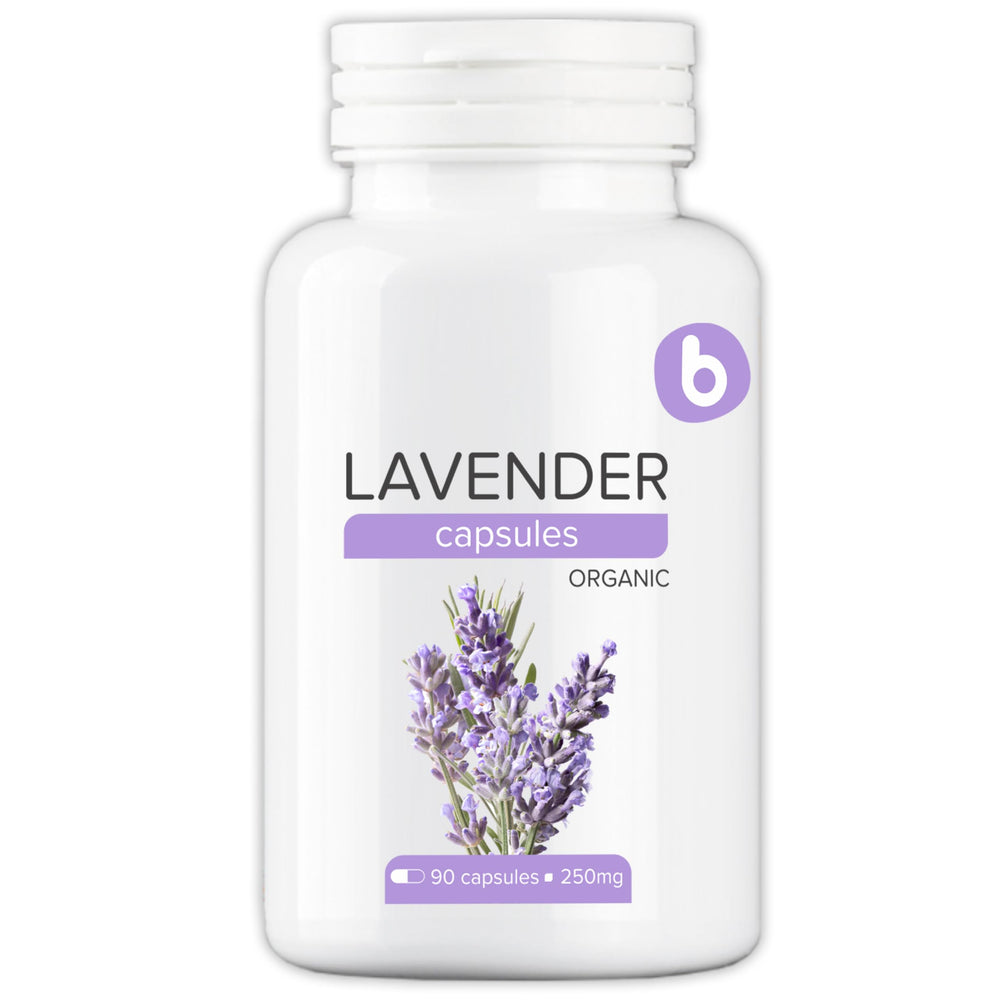 b Organic Lavender Capsules bottle front promotes natural relaxation at home.