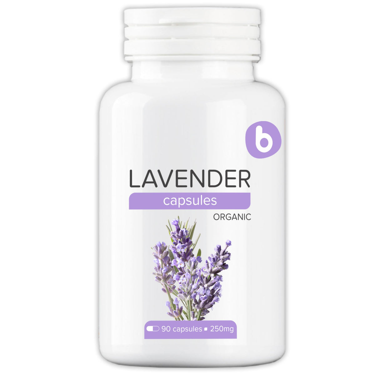 b Organic Lavender Capsules bottle front promotes natural relaxation at home.