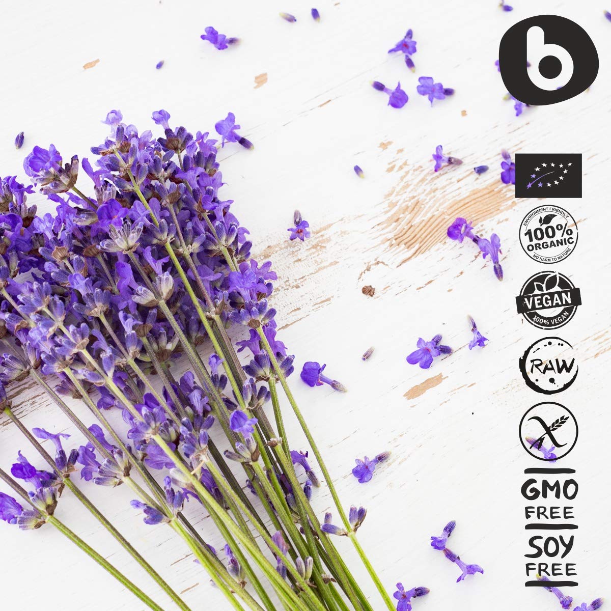 b Organic Lavender Capsules dried lavender buds close-up conveys natural purity.
