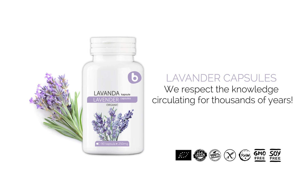 b Organic Lavender Capsules EU GMP seal emphasizes manufacturing quality.