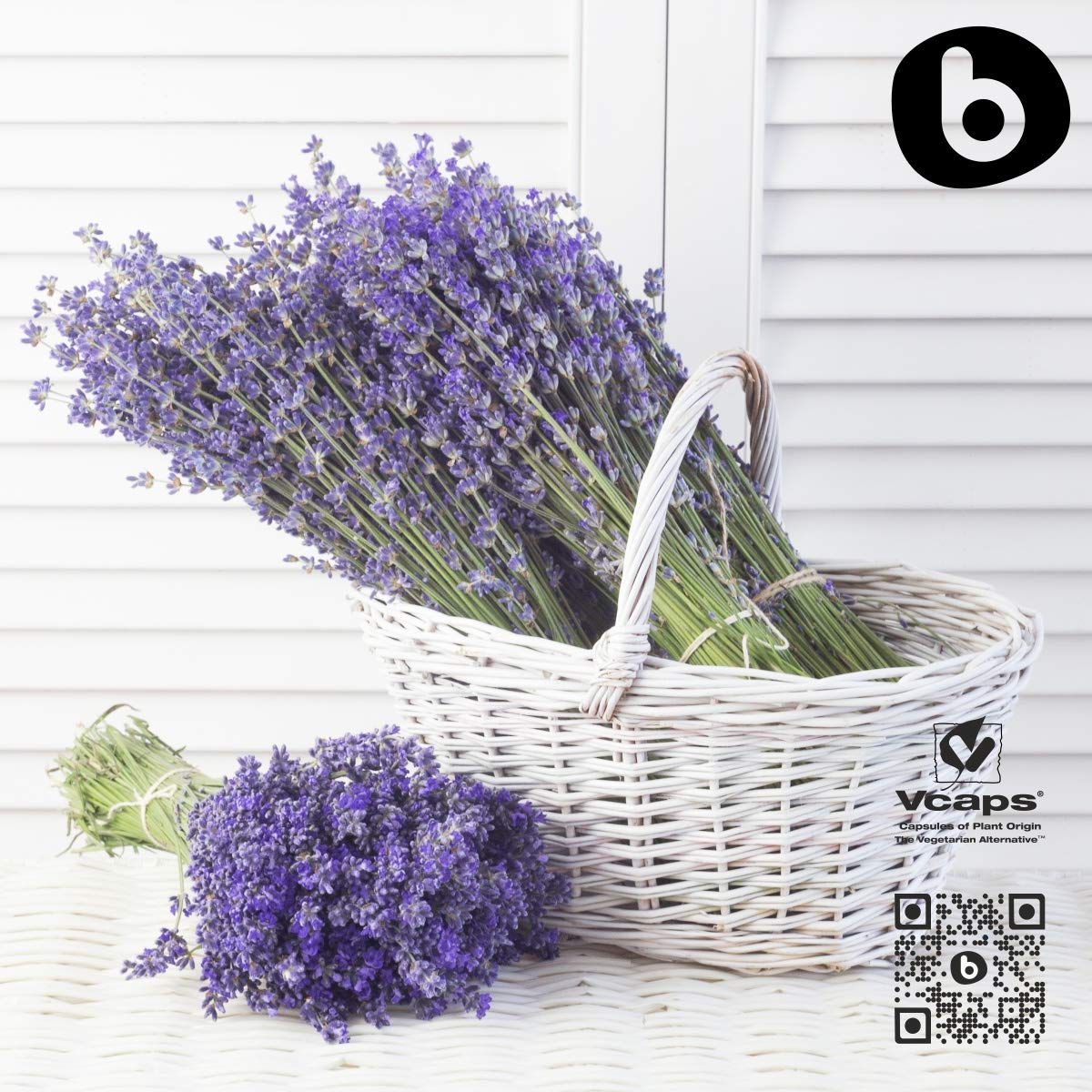 b Organic Lavender Capsules packaging with vegan and gluten-free icons.
