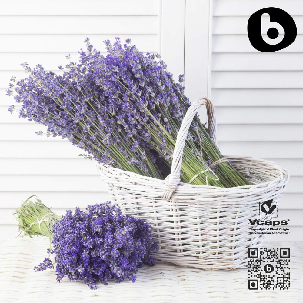 b Organic Lavender Capsules packaging with vegan and gluten-free icons.